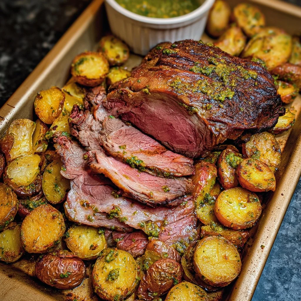 Succulent rib-eye roast served with vibrant pesto potatoes.