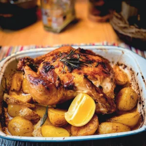 Roast chicken served with potatoes and lemon on a rustic table