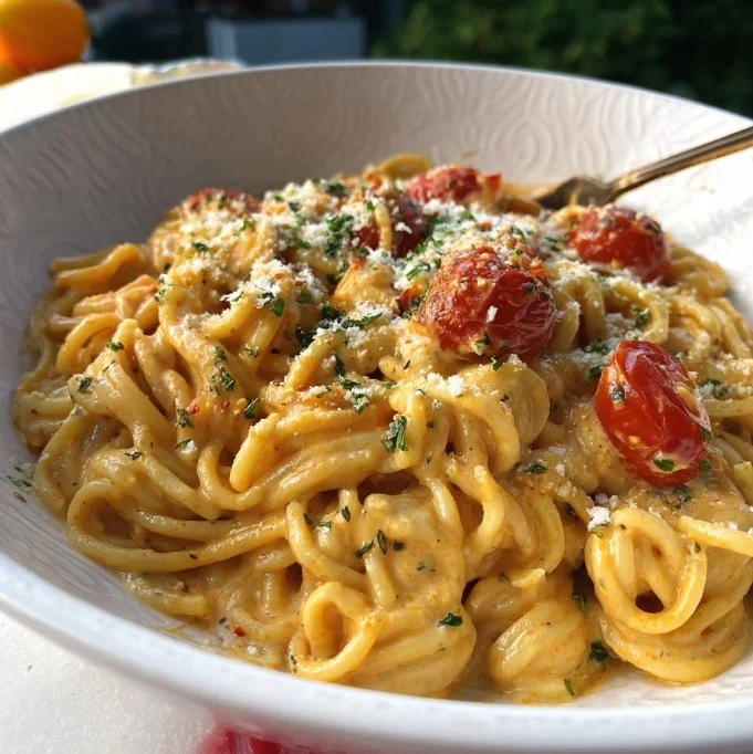 Roasted tomato garlic ricotta pasta served in a bowl with basil garnish