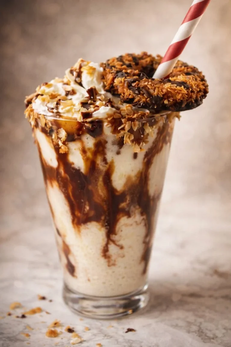 Delicious Samoa Milkshake with caramel, coconut, and chocolate toppings