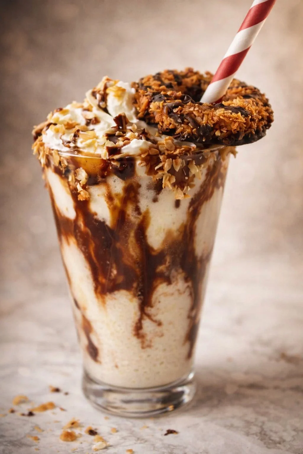 Delicious Samoa Milkshake with caramel, coconut, and chocolate toppings