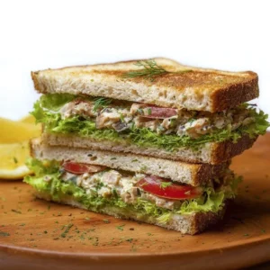 Delicious sardine salad sandwich on a plate with fresh ingredients