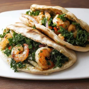 Shrimp and Kale Pitas Tasty Shrimp Kale Pitas served on a plate with fresh ingredients.