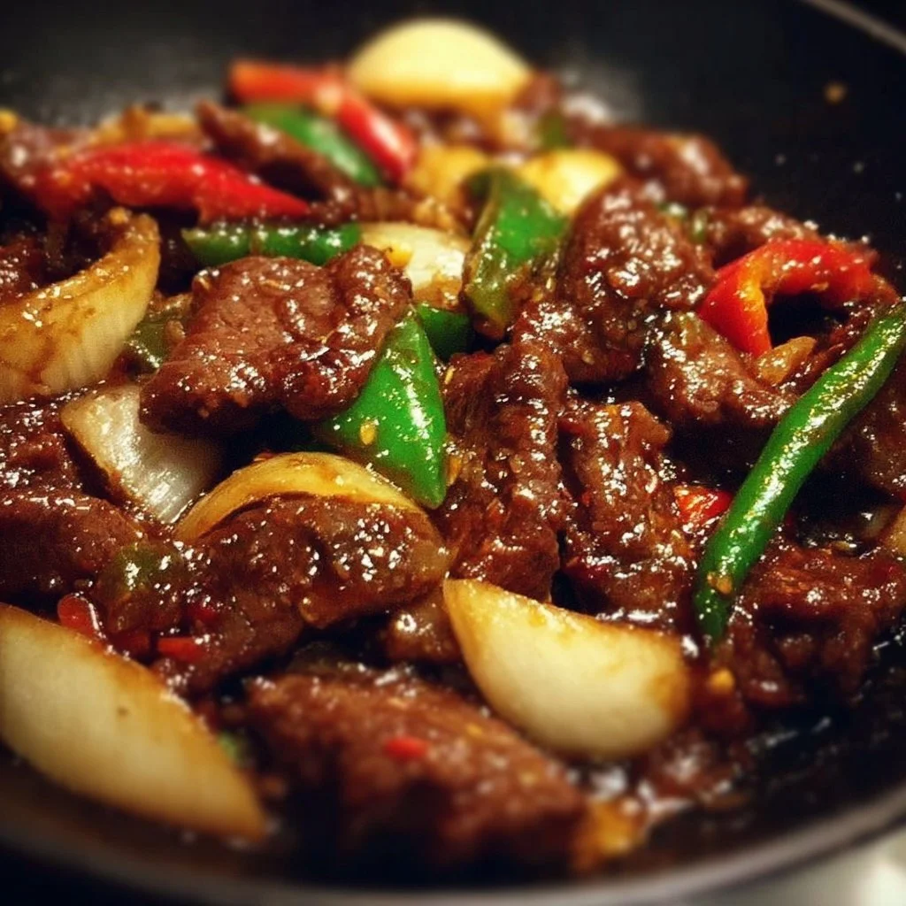 Sizzling Chinese pepper steak with onions served on a plate