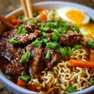 Slow Cooker Beef Ramen Noodles Slow Cooker Beef Ramen Noodles in a bowl with green onions