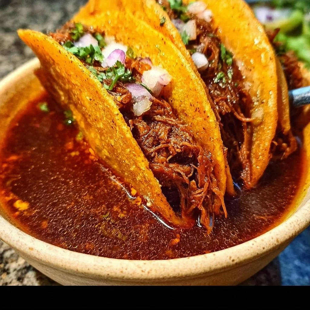 Delicious Slow Cooker Birria Tacos served with toppings