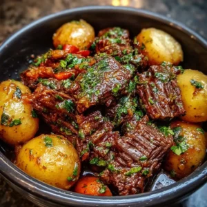 Slow Cooker Garlic Butter Beef served with potatoes in a delicious sauce