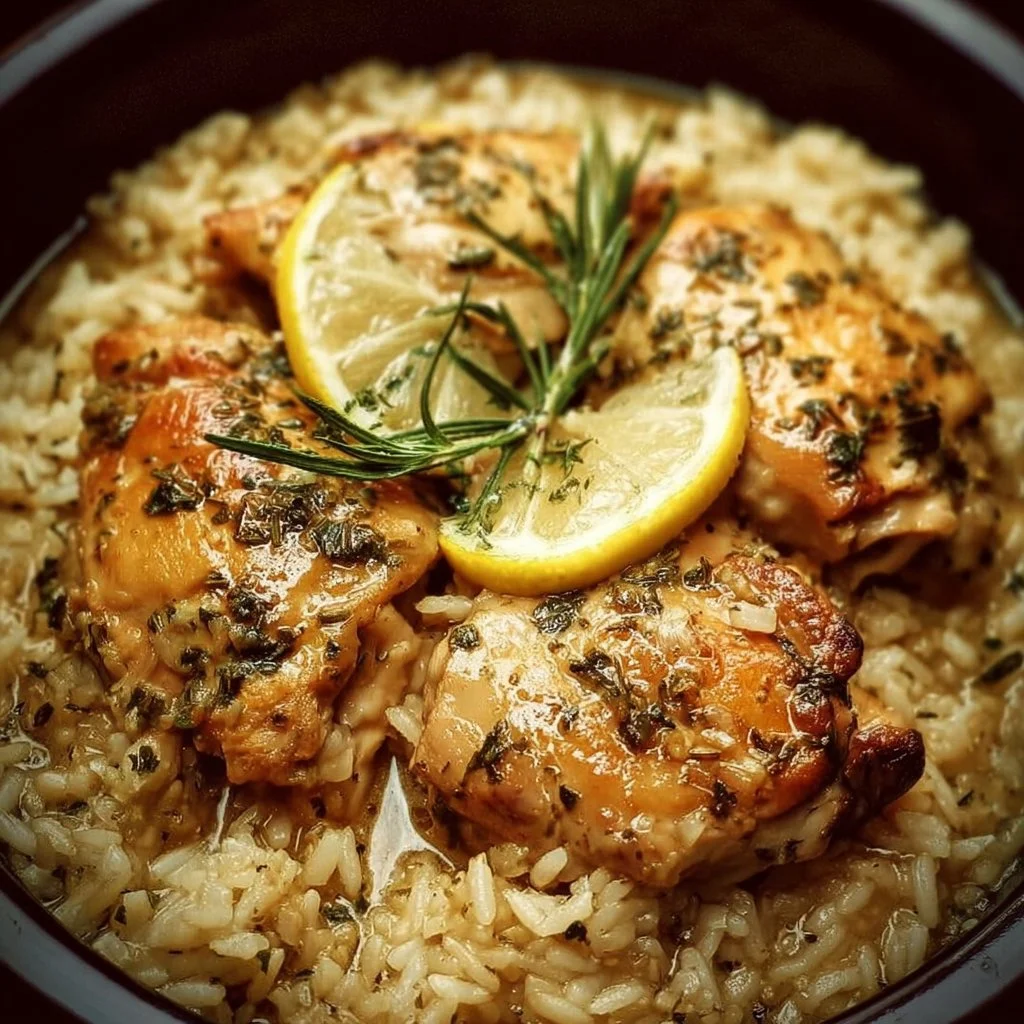 Delicious Slow Cooker Lemon Herb Chicken served with rice