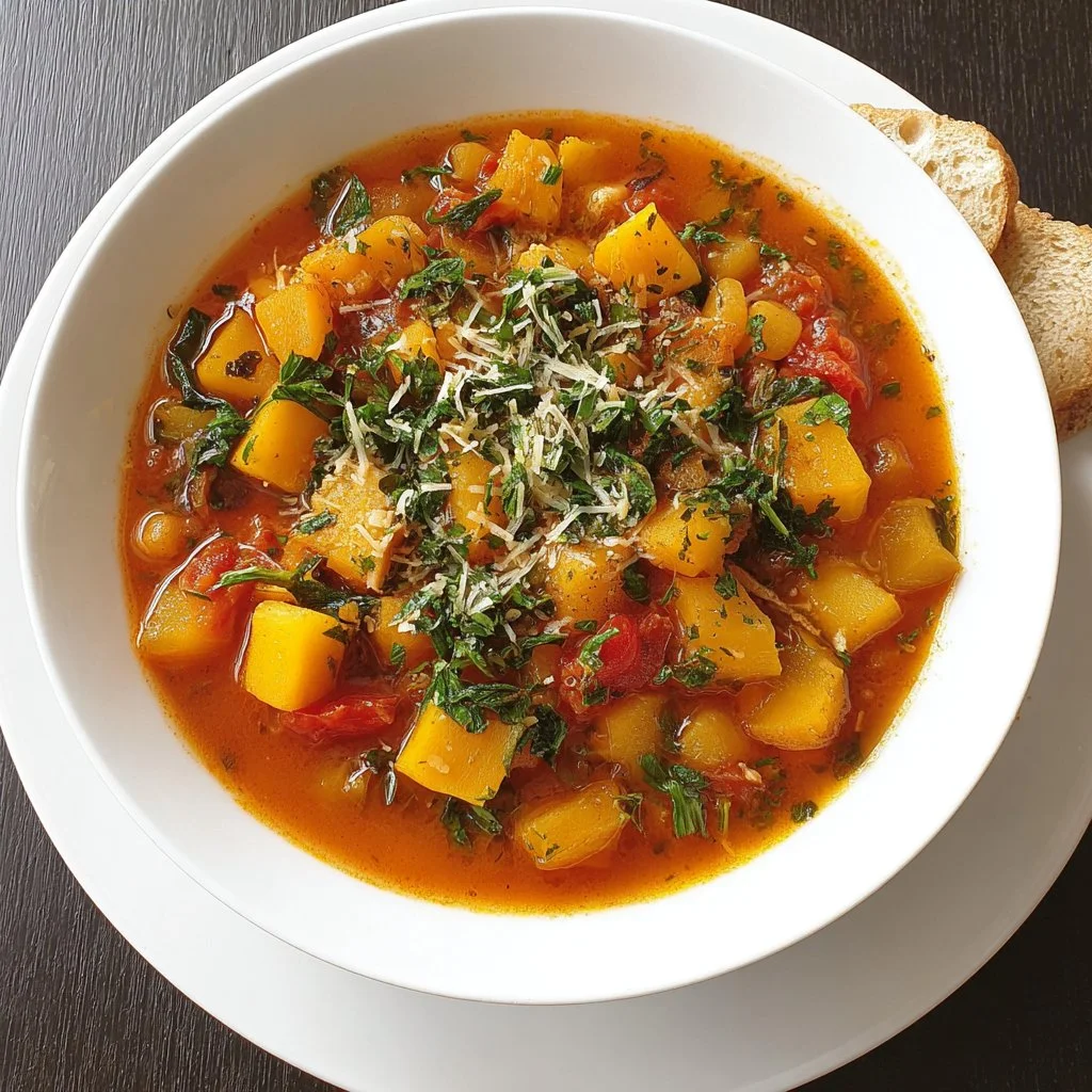 Bowl of delicious slow-cooker squash stew filled with fresh vegetables