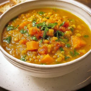 Slow-Cooker Sweet Potato–Lentil Soup Bowl of slow-cooker sweet potato lentil soup with fresh herbs