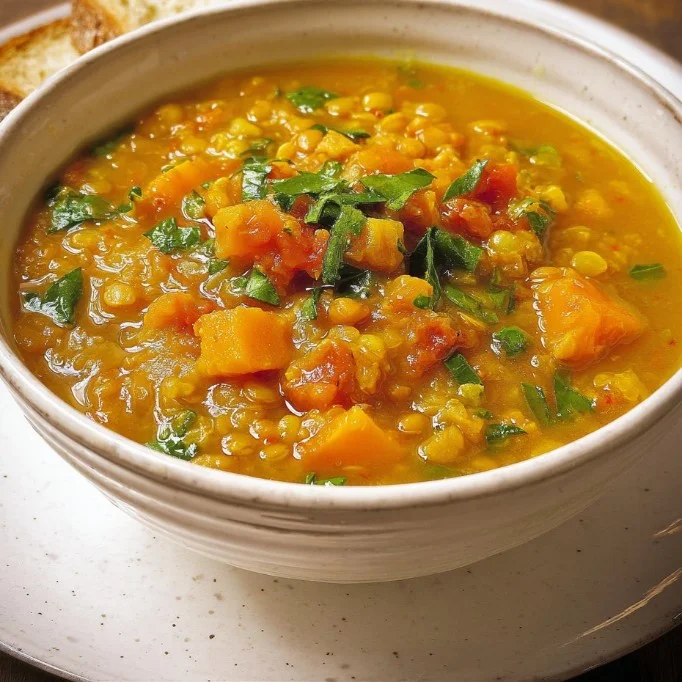 Bowl of slow-cooker sweet potato lentil soup with fresh herbs
