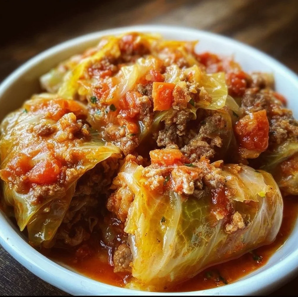 Bowl of slow cooker unstuffed cabbage rolls with sauce and herbs