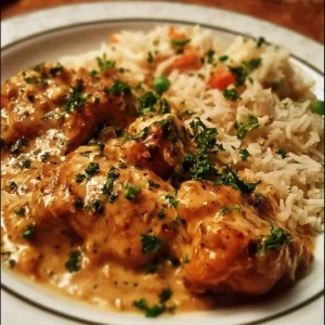 Delicious smothered chicken served over rice with savory gravy.