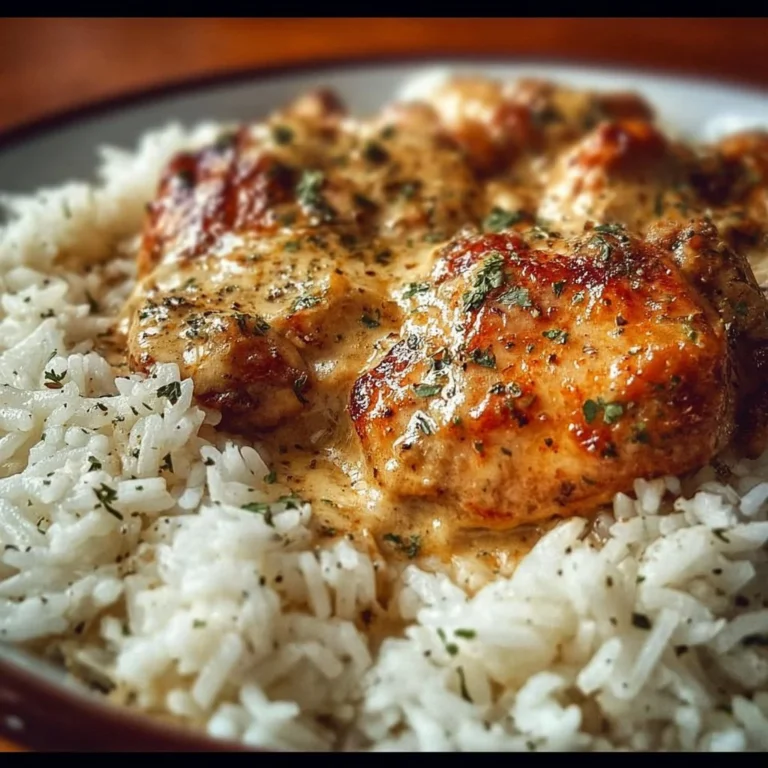 Plate of smothered chicken served over rice with rich gravy.
