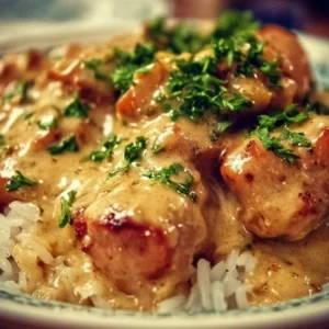 Plate of delicious smothered chicken served over rice with rich gravy