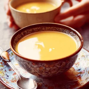 Soup with Apple, Sweet Potato, and Ginger Bowl of soup with apple, sweet potato, and ginger garnished with herbs