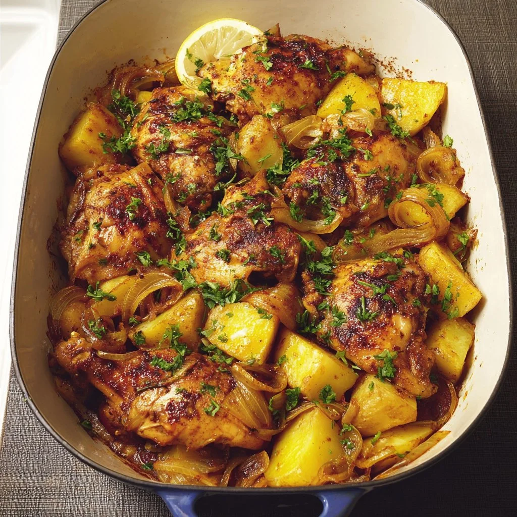Delicious Spanish Chicken with crispy potato roast served on a plate