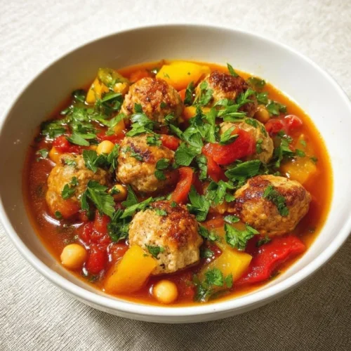 Spanish Turkey Meatball Stew Bowl of savory Spanish Turkey Meatball Stew with vegetables and spices