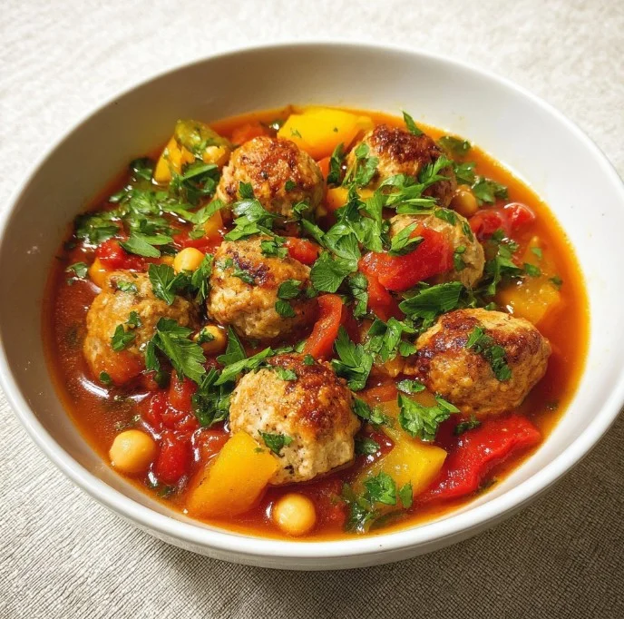 Home Bowl of savory Spanish Turkey Meatball Stew with vegetables and spices