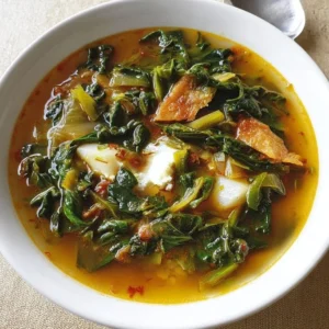 Bowl of spicy chard soup garnished with fresh herbs and spices