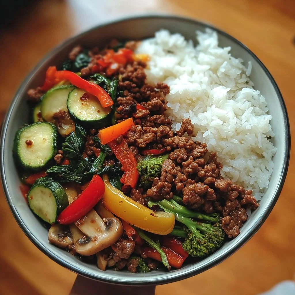 Spicy ground beef stir-fry bowl with garlic vegetables and rice
