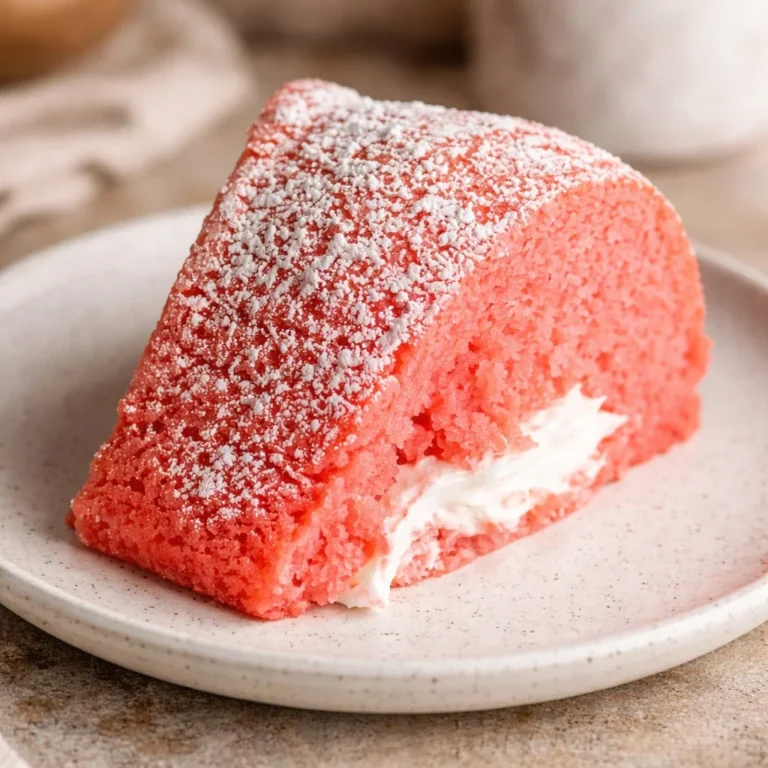 Strawberry Bundt Cake with Marshmallow Cream Filling on a decorative plate