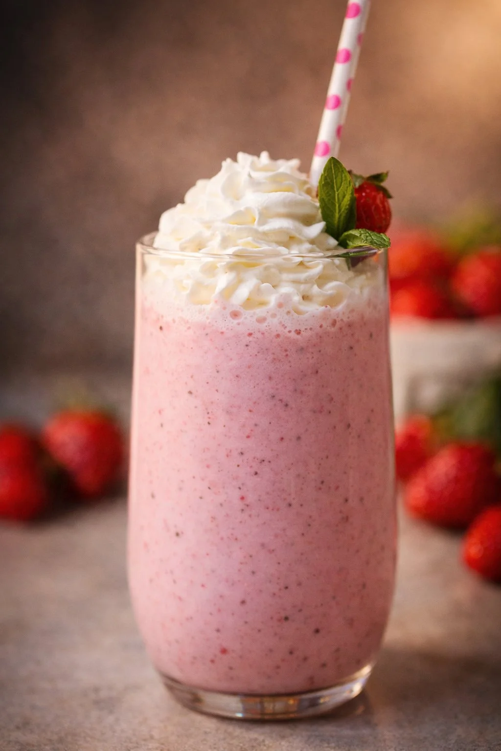 Delicious homemade strawberry milkshake in a glass with fresh strawberries