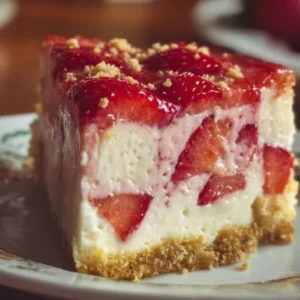 Delicious strawberry shortcake cheesecake topped with fresh strawberries and cream.