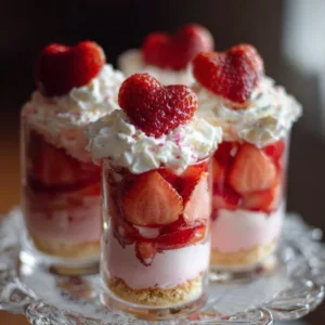 Strawberry shortcake dessert cups topped with fresh strawberries and whipped cream