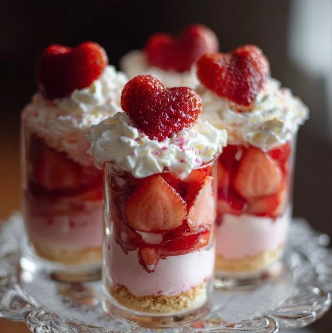 Strawberry shortcake dessert cups topped with fresh strawberries and whipped cream