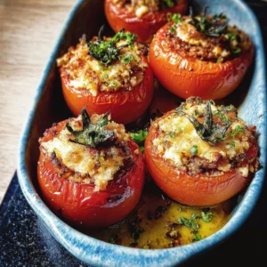 Stuffed Tomatoes Gratin Delicious stuffed tomatoes gratin topped with cheese and herbs.