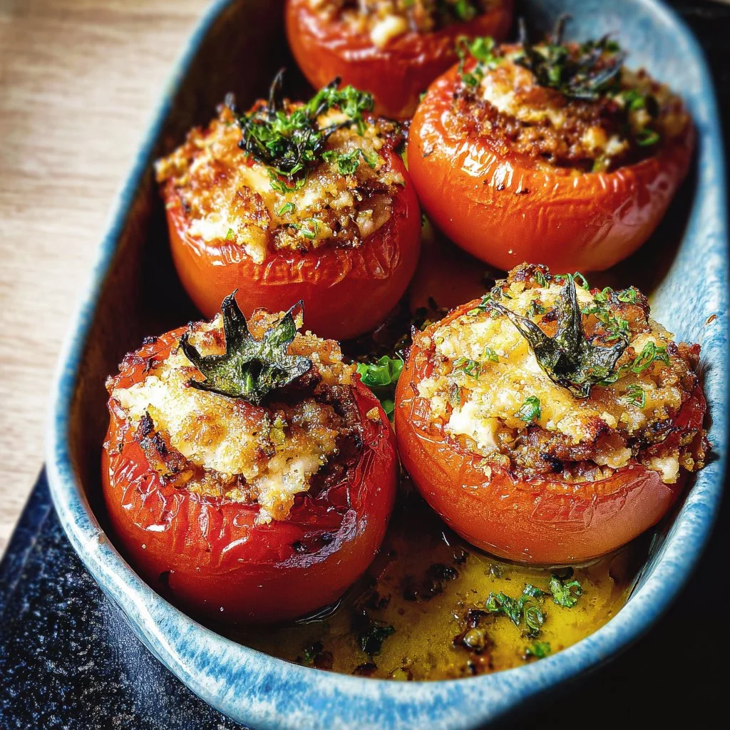 Delicious stuffed tomatoes gratin topped with cheese and herbs.