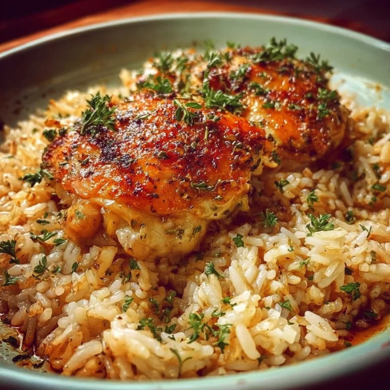 Delicious plate of baked chicken and rice garnished with herbs