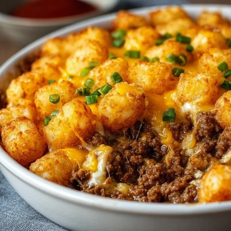 Tater tot casserole topped with ground beef and melted cheese