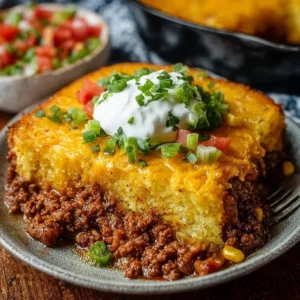 Texas Tamale Pie Delicious Texas Tamale Pie served on a plate with toppings.