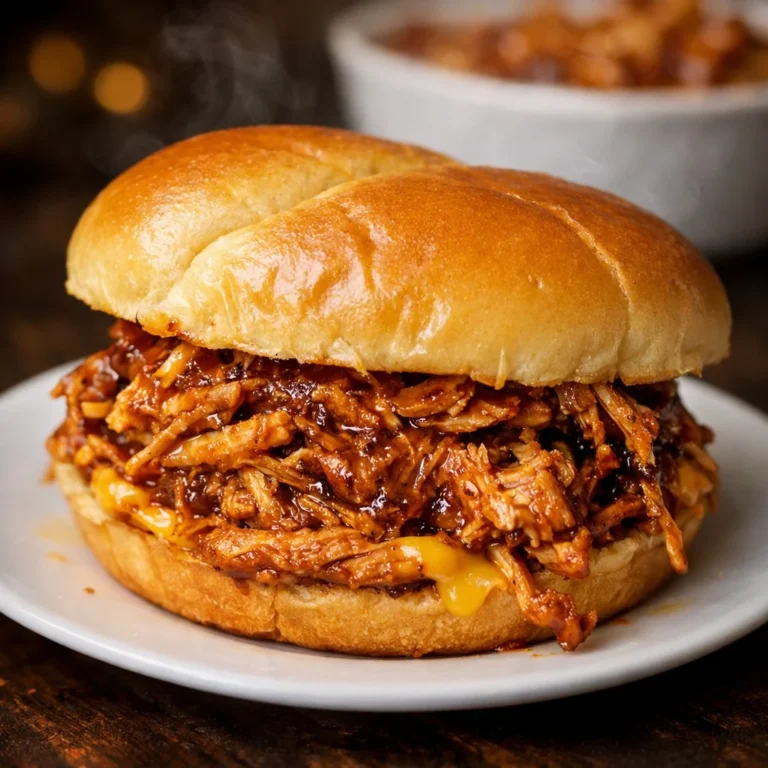 Delicious crockpot BBQ chicken ready to serve with a side of coleslaw.