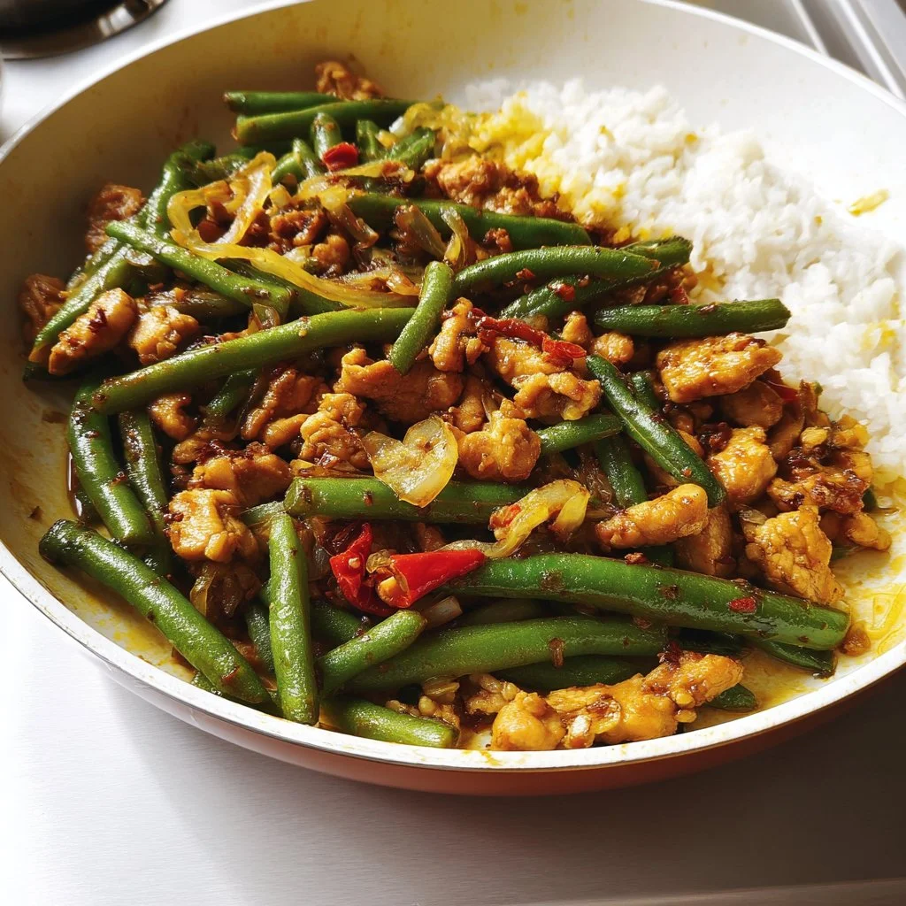 Turkey Stir-Fry with green beans ready to serve.