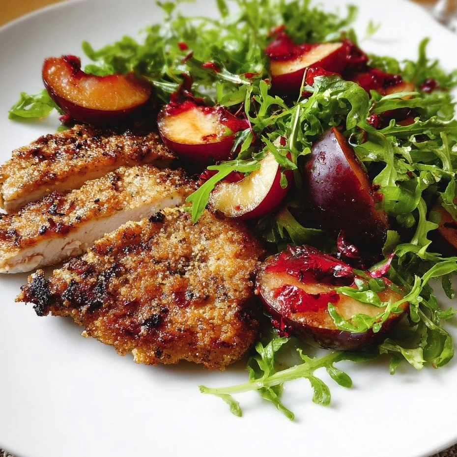 Juicy Turkey Cutlets served with fresh Plum Salad for a vibrant meal.