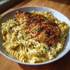 Creamy garlic parmesan chicken pasta garnished with parsley in a bowl.
