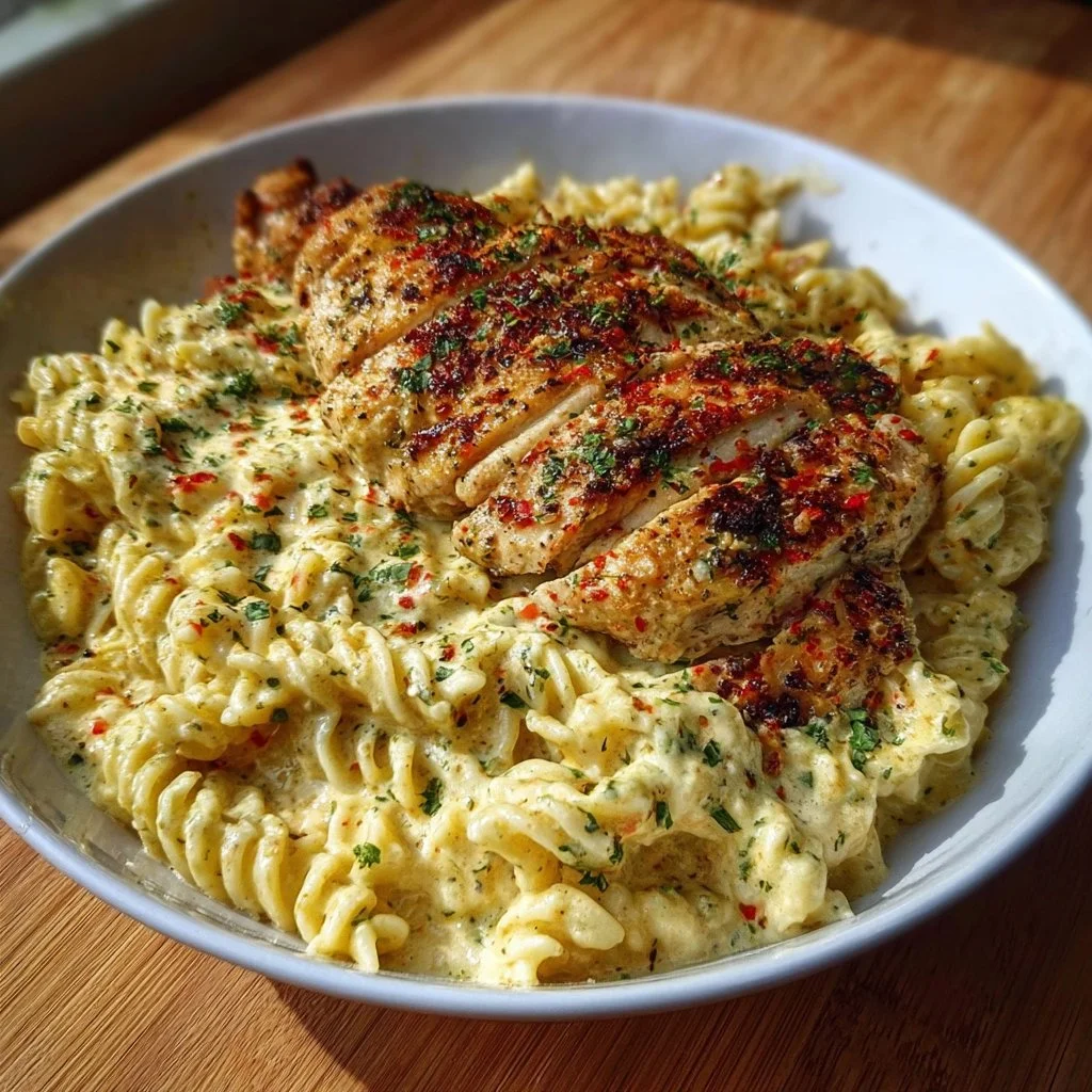 Creamy garlic parmesan chicken pasta garnished with parsley in a bowl.