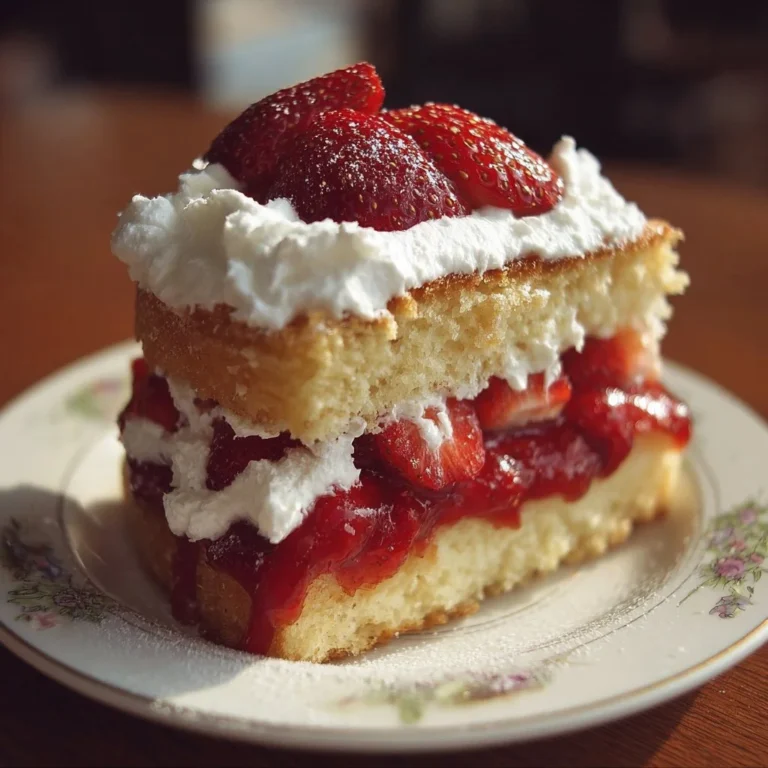 Delicious strawberry shortcake cake layered with whipped cream and fresh strawberries
