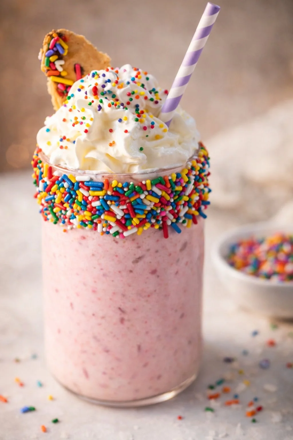 A colorful unicorn milkshake topped with whipped cream and sprinkles