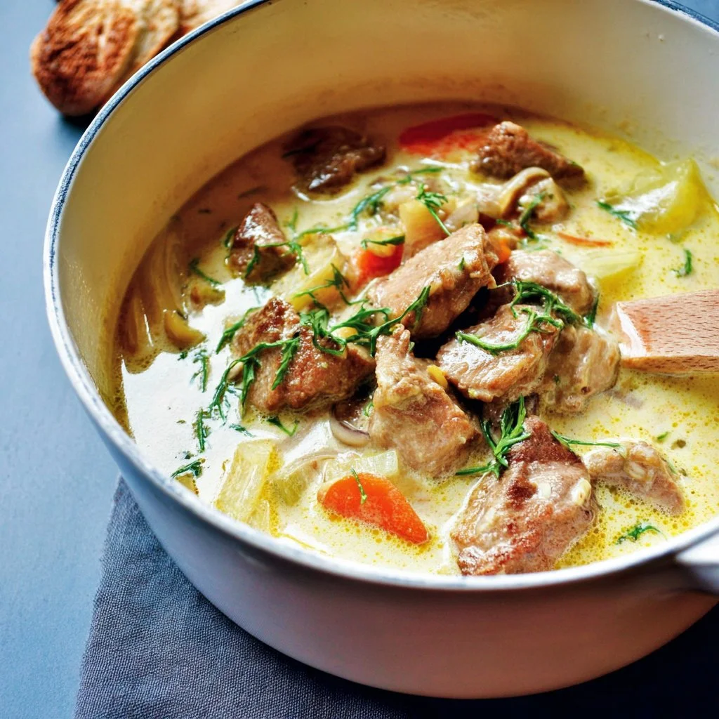 Home Delicious veal blanquette served with creamy sauce and fresh herbs