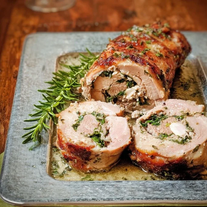 Home Veal roulade stuffed with herbs served on a plate, garnished for presentation.
