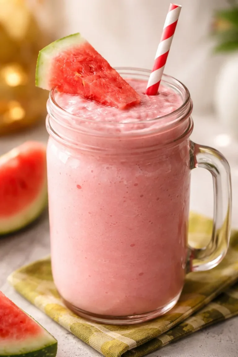 Refreshing watermelon milkshake in a glass with a slice of watermelon