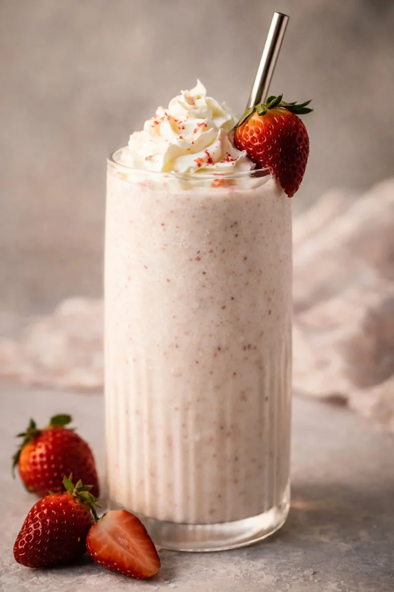 Delicious white chocolate milkshake topped with whipped cream and chocolate shavings.