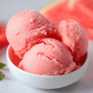Homemade watermelon sorbet in a bowl, made with Ninja Creami.