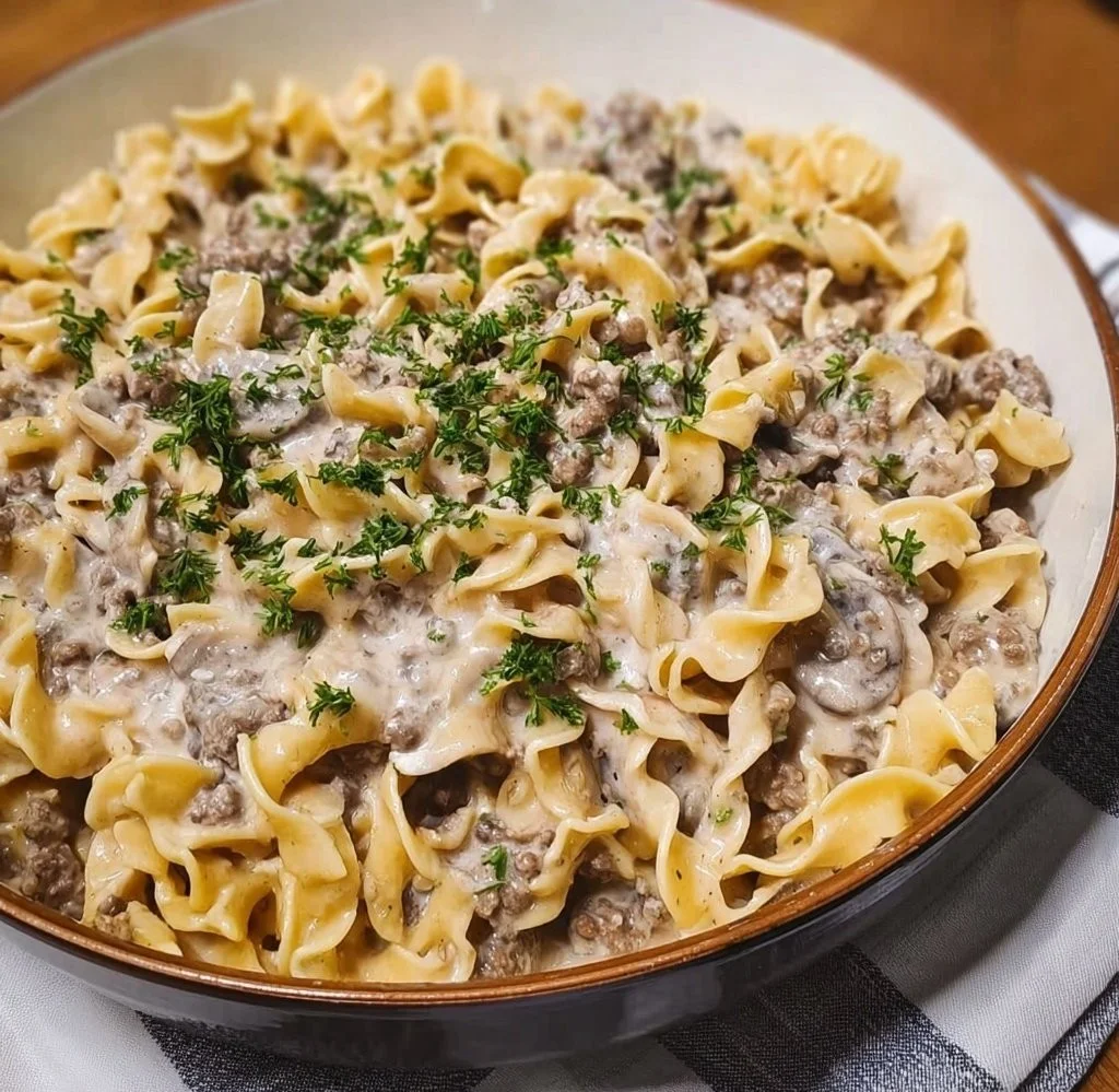 Quick and easy 30-minute Ground Beef Stroganoff served over noodles.