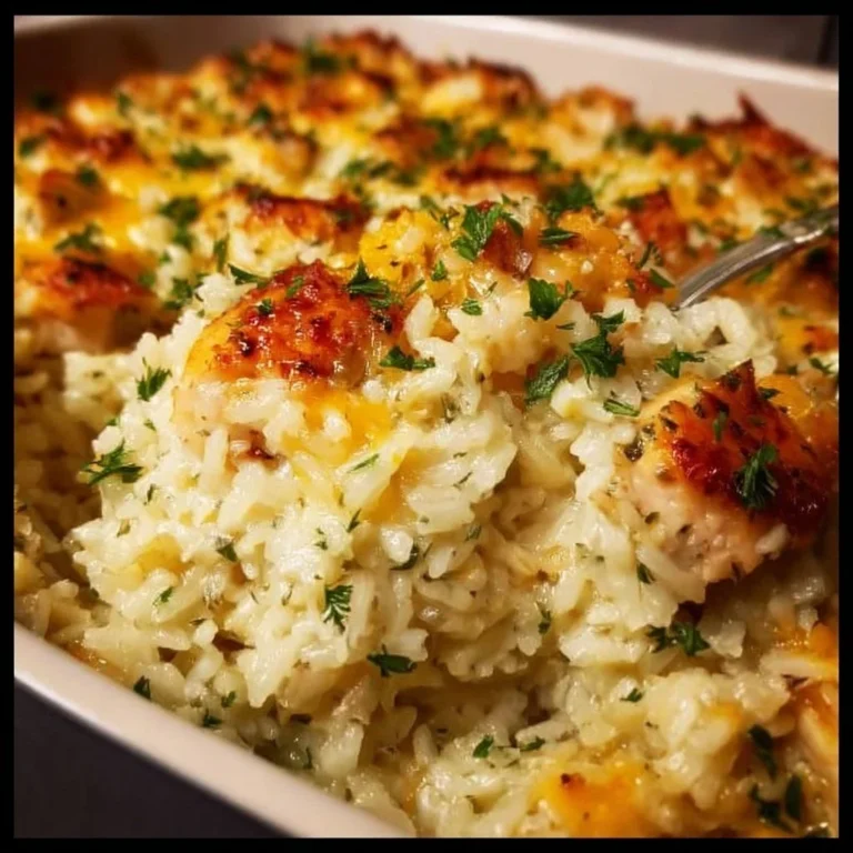 Delicious Angel Chicken and Rice Casserole topped with herbs and cheese.