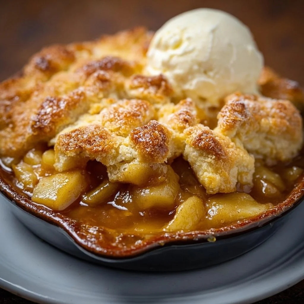 Delicious homemade apple cobbler served in a rustic baking dish